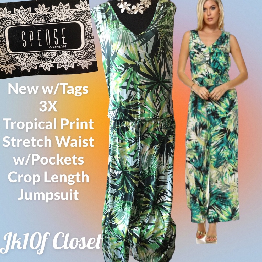 LOWEST🌺 NWT SPENSE 3X TROPICAL GREEN CROP LENGTH JUMPSUIT